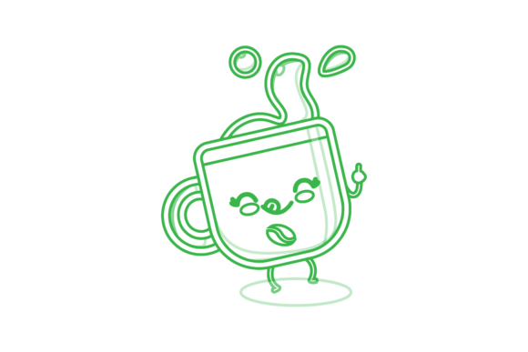 Coffee Latte Cup Kawaii Green Outline